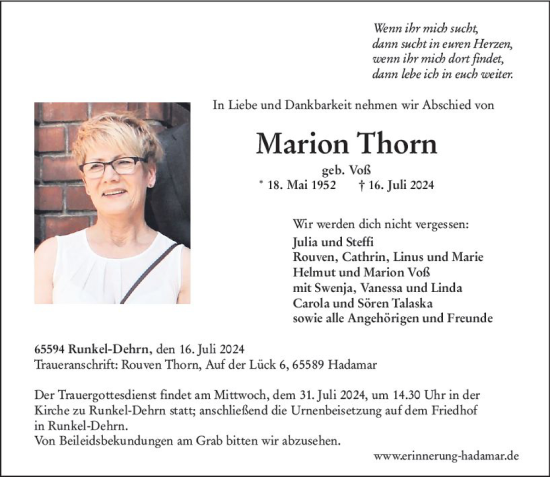 Traueranzeige von Marion Thorn von Nassauische Neue Presse