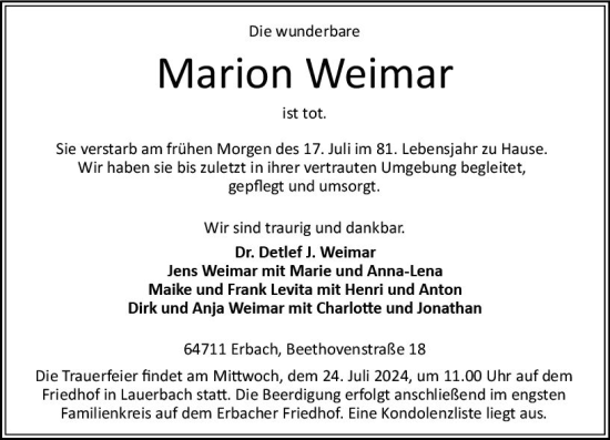 Traueranzeige von Marion Weimar von Odenwälder Echo