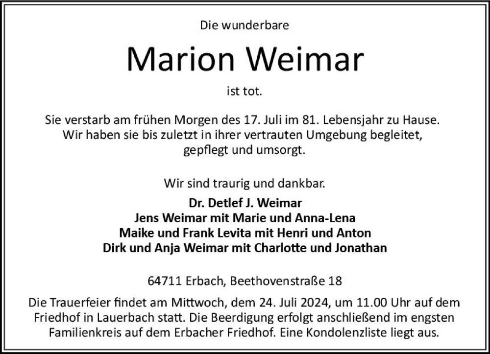  Traueranzeige für Marion Weimar vom 20.07.2024 aus Odenwälder Echo