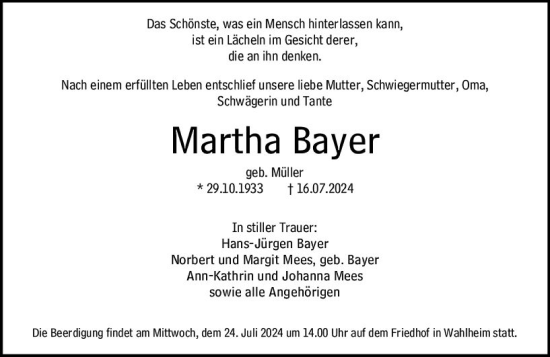 Traueranzeige von Martha Bayer von Allgemeine Zeitung Alzey