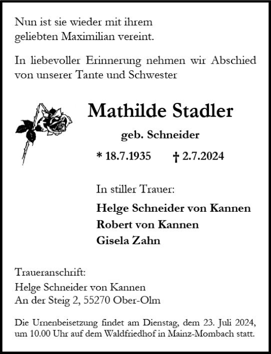 Traueranzeige von Mathilde Stadler von Allgemeine Zeitung Mainz