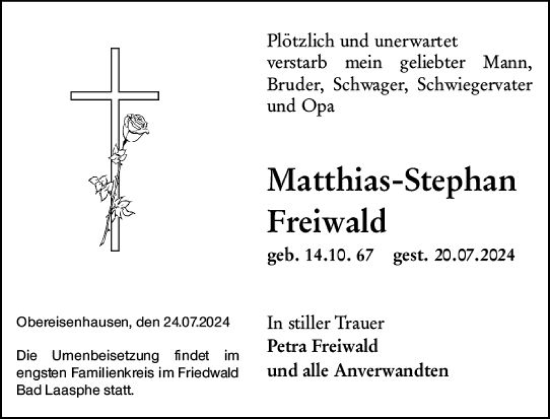 Traueranzeige von Matthias-Stephan Freiwald von Hinterländer Anzeiger