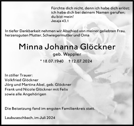 Traueranzeige von Minna Johanna Glöckner von Weilburger Tageblatt