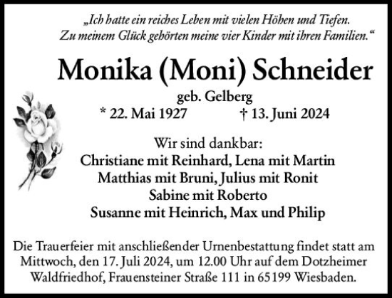 Traueranzeige von Monika  Schneider von Wiesbadener Kurier