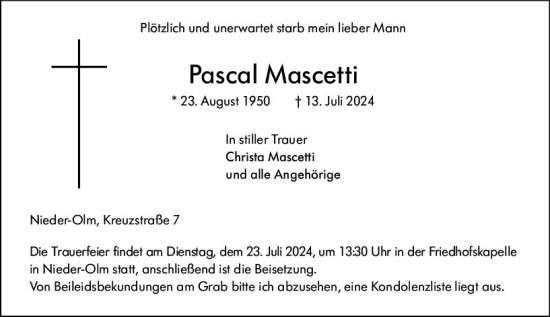 Traueranzeige von Pascal Mascetti von Allgemeine Zeitung Mainz