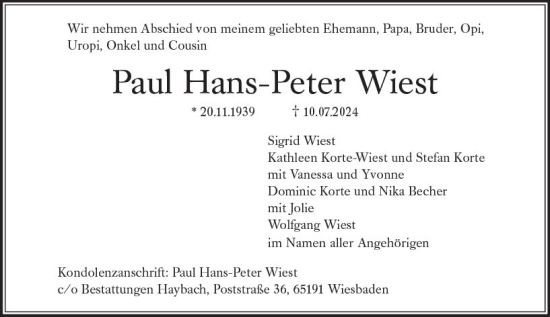 Traueranzeige von Paul  Wiest von Wiesbadener Kurier