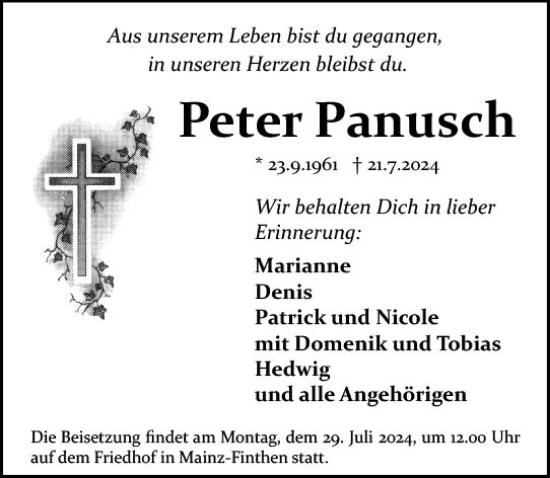 Traueranzeige von Peter Panusch von Allgemeine Zeitung Mainz