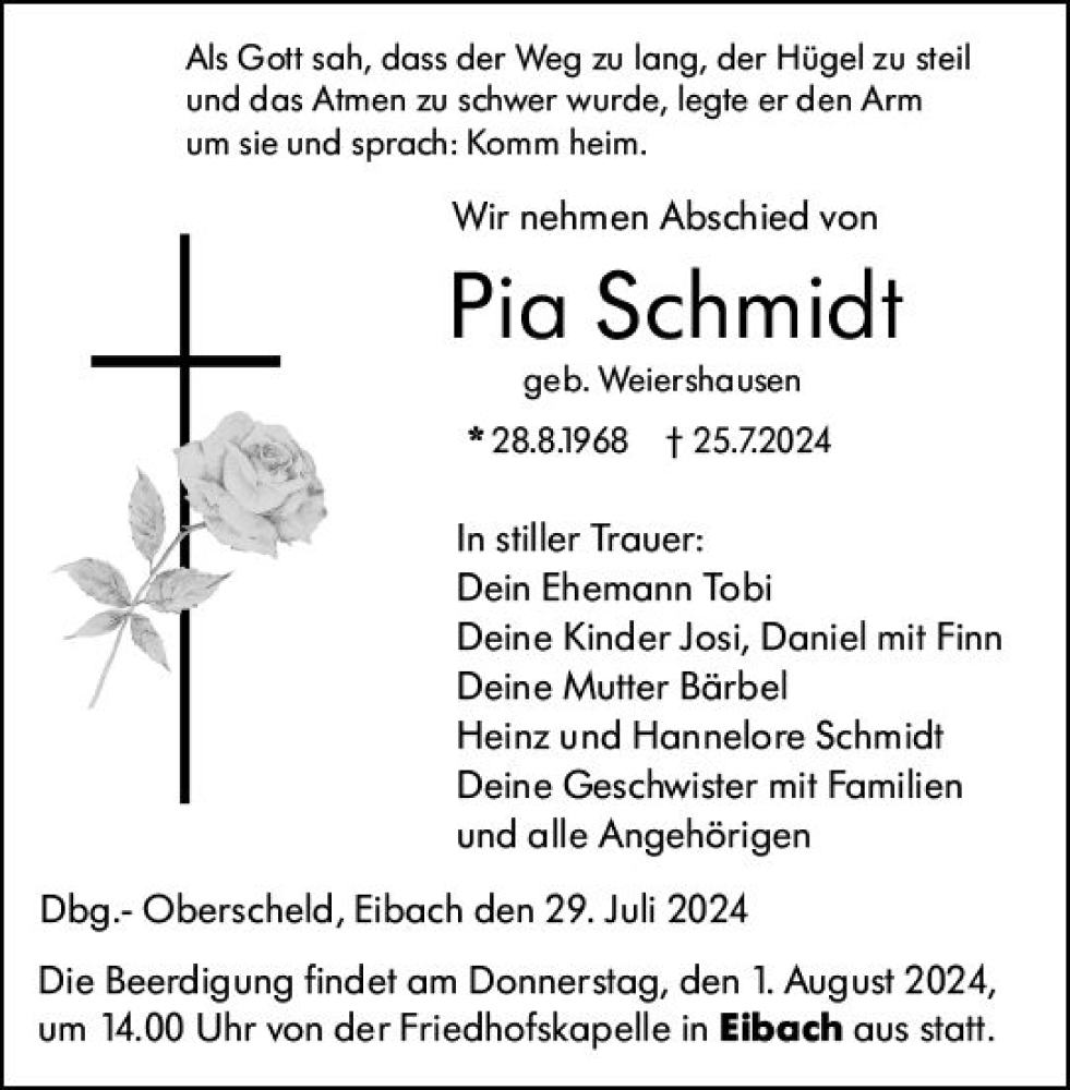  Traueranzeige für Pia Schmidt vom 29.07.2024 aus Dill Block