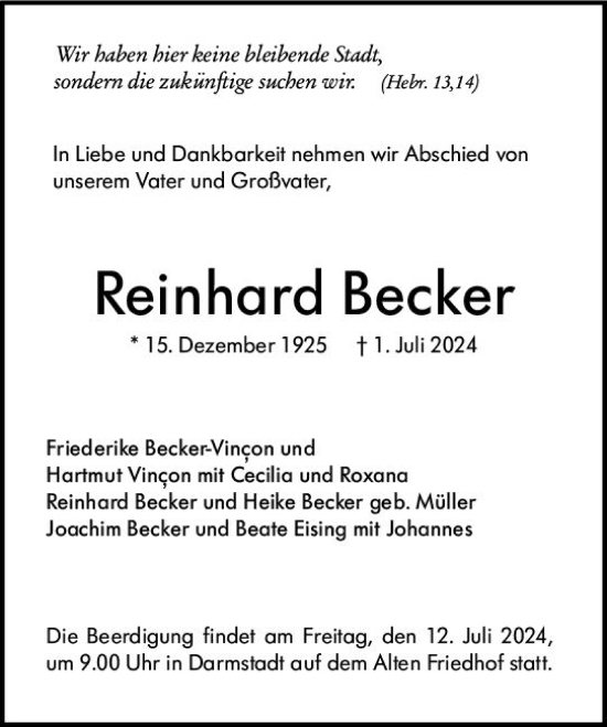 Traueranzeige von Reinhard Becker von Darmstädter Echo