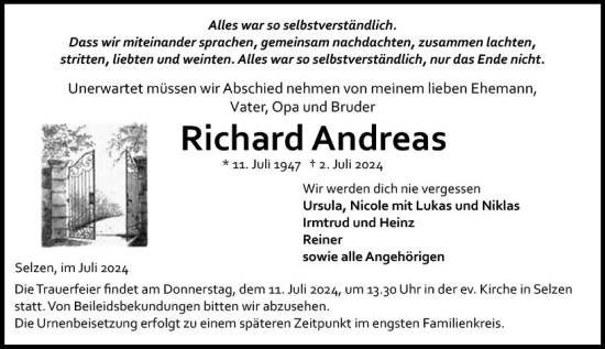 Traueranzeige von Richard Andreas von Allgemeine Zeitung Mainz