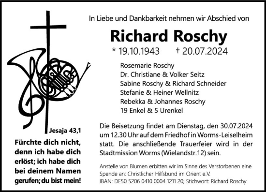 Traueranzeige von Richard Roschy von Wormser Zeitung