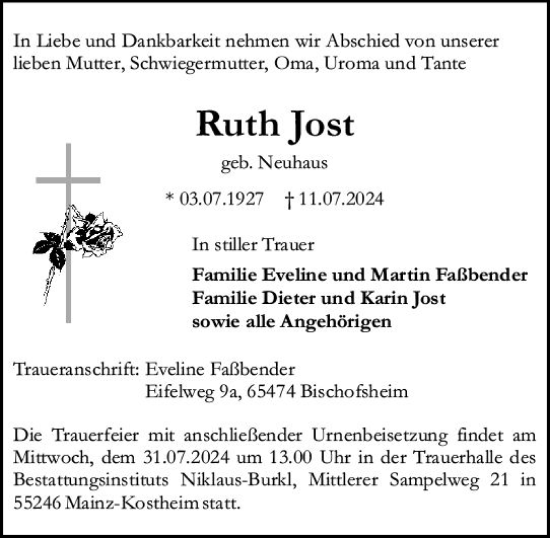 Traueranzeige von Ruth Jost von Allgemeine Zeitung Mainz