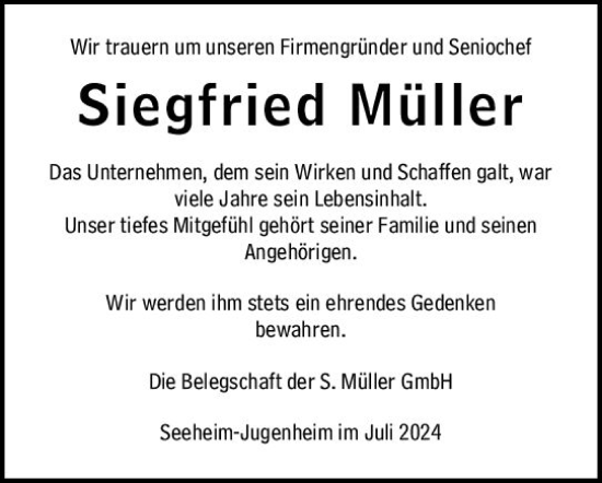 Traueranzeige von Siegfried Müller von Darmstädter Echo