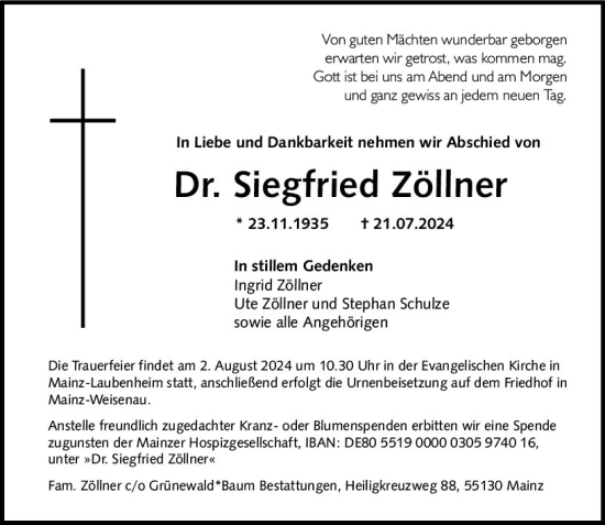 Traueranzeige von Siegfried Zöllner von Allgemeine Zeitung Mainz