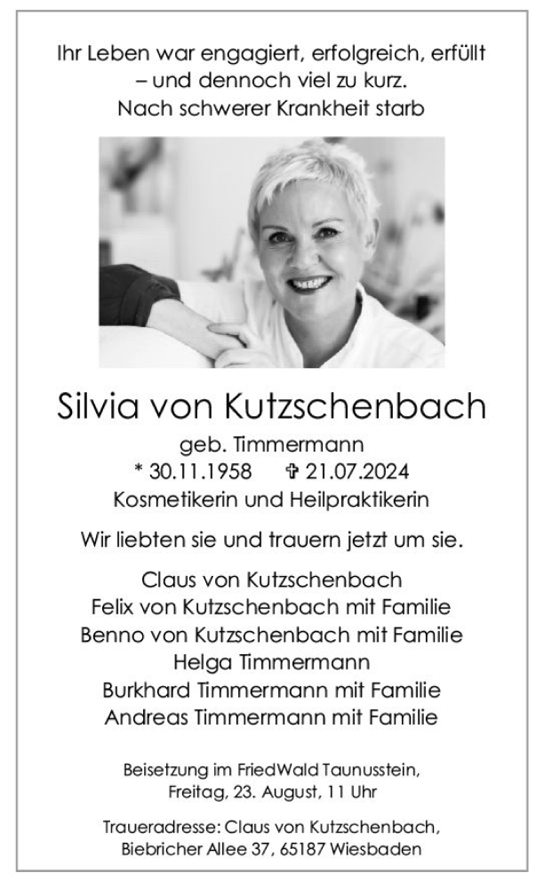  Traueranzeige für Silvia von Kutzschenbach vom 27.07.2024 aus Wiesbadener Kurier