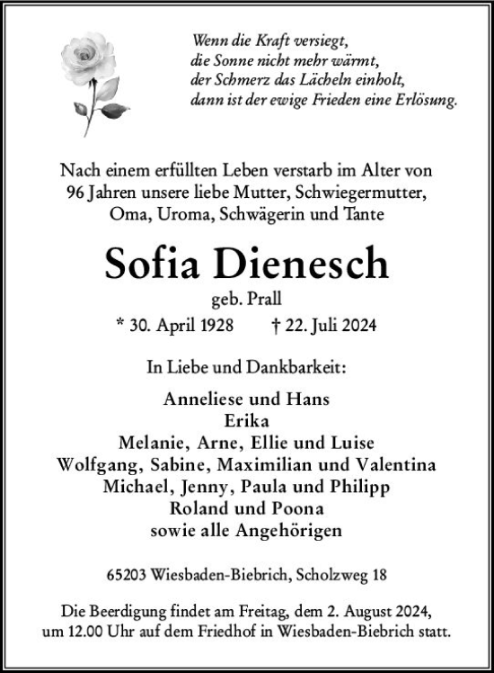 Traueranzeige von Sofia Dienesch von Wiesbadener Kurier