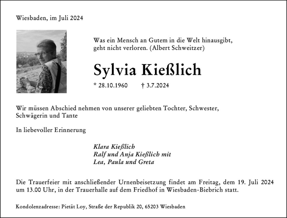  Traueranzeige für Sylvia Kießlich vom 13.07.2024 aus Wiesbadener Kurier