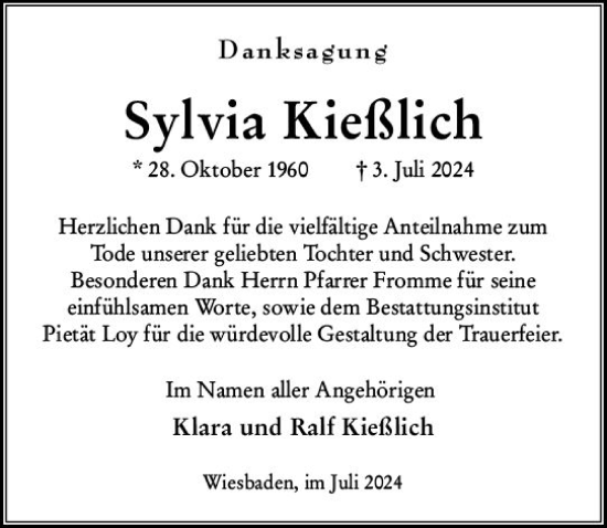 Traueranzeige von Sylvia Kießlich von Wiesbadener Kurier