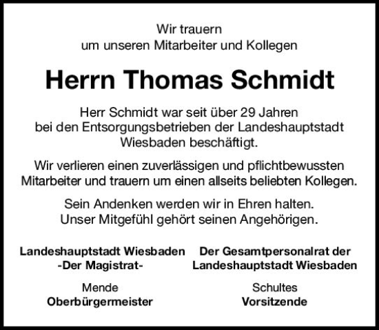 Traueranzeige von Thomas Schmidt von Wiesbadener Kurier
