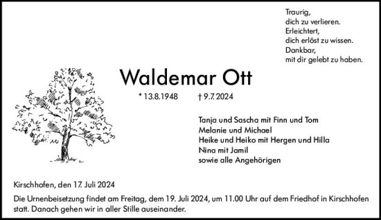 Traueranzeige von Waldemar Ott von Weilburger Tageblatt