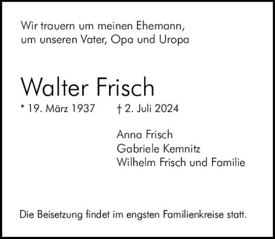 Traueranzeige von Walter Frisch von Allgemeine Zeitung Mainz