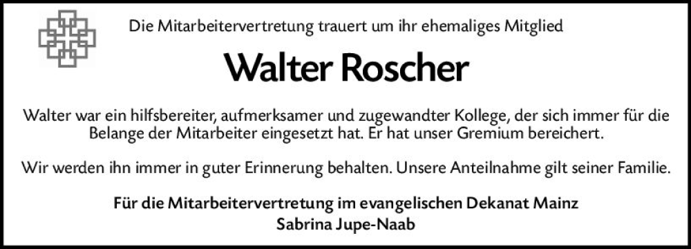  Traueranzeige für Walter Roscher vom 20.07.2024 aus Allgemeine Zeitung Mainz