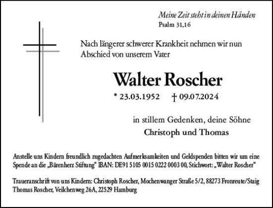 Traueranzeige von Walter Roscher von Allgemeine Zeitung Mainz