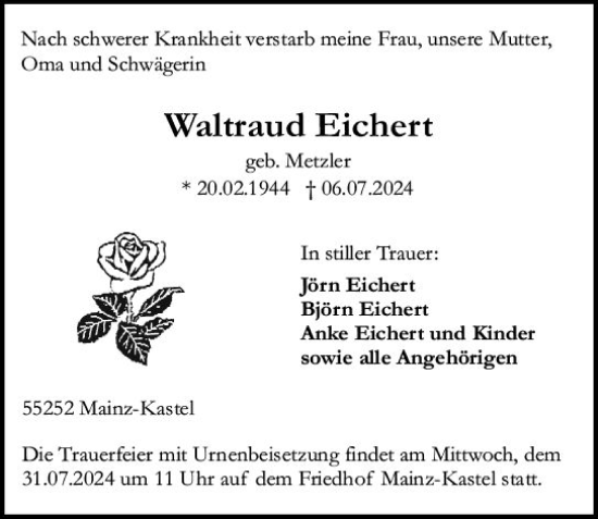 Traueranzeige von Waltraud Eichert von Allgemeine Zeitung Mainz