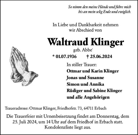 Traueranzeige von Waltraud Klinger von Odenwälder Echo