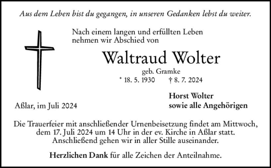 Traueranzeige von Waltraud Wolter von Wetzlarer Neue Zeitung