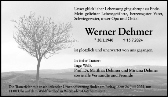 Traueranzeige von Werner Dehmer von Wiesbadener Kurier