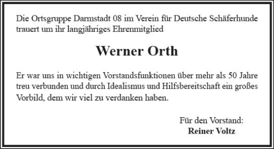 Traueranzeige von Werner Orth von Darmstädter Echo