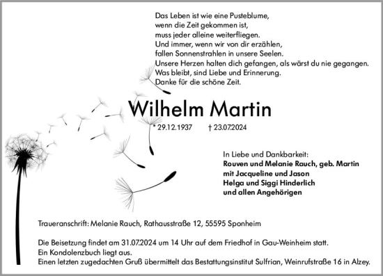 Traueranzeige von Wilhelm Martin von Allgemeine Zeitung Alzey