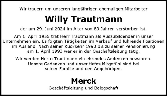 Traueranzeige von Willy Trautmann von Darmstädter Echo