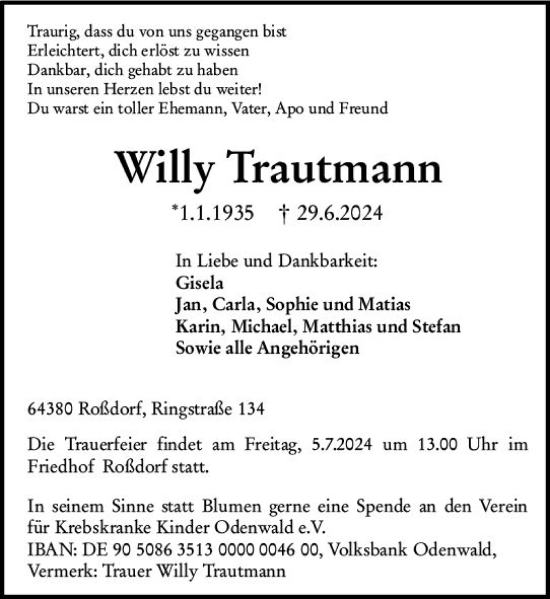 Traueranzeige von Willy Trautmann von Odenwälder Echo