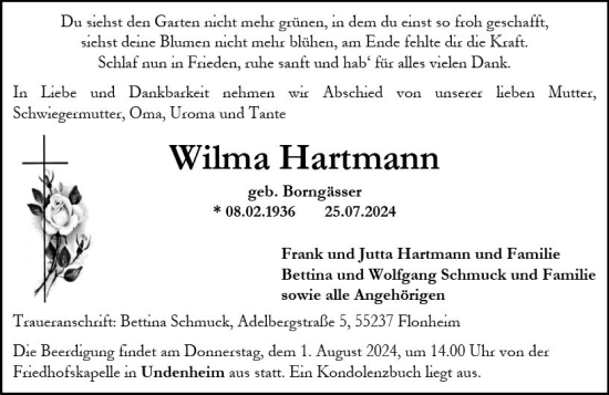 Traueranzeige von Wilma Hartmann von Allgemeine Zeitung Mainz