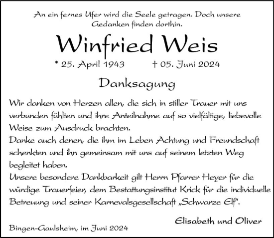 Traueranzeige von Winfried Weis von Allgemeine Zeitung Rheinhessen-Nahe