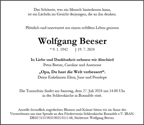 Traueranzeige von Wolfgang Beeser von Wetzlarer Neue Zeitung