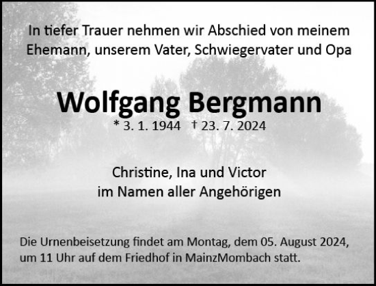 Traueranzeige von Wolfgang Bergmann von Allgemeine Zeitung Mainz