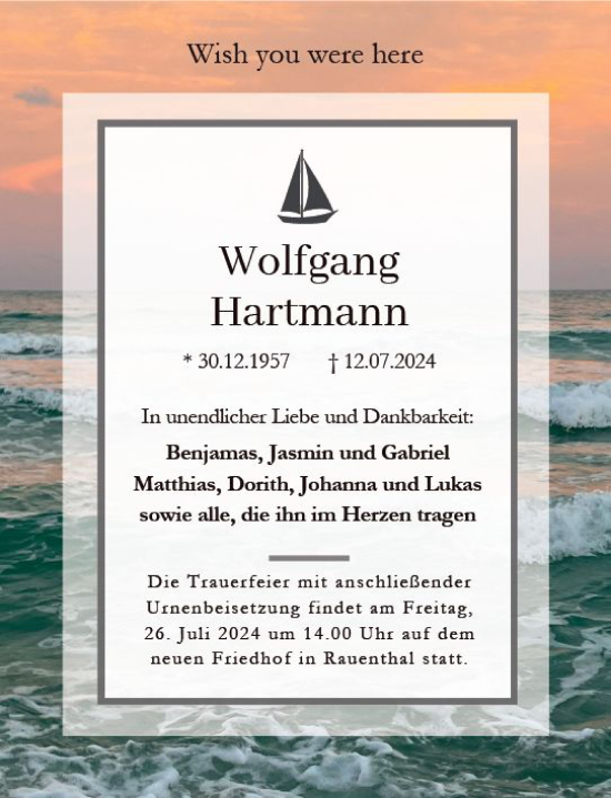 Traueranzeige von Wolfgang Hartmann von Wiesbadener Kurier