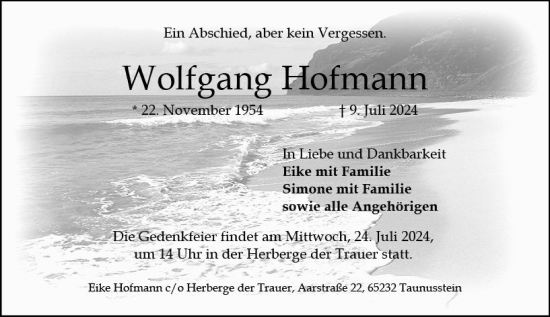 Traueranzeige von Wolfgang Hofmann von Wiesbadener Kurier