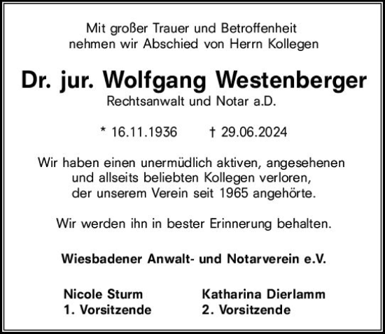 Traueranzeige von Wolfgang Westenberger von Wiesbadener Kurier