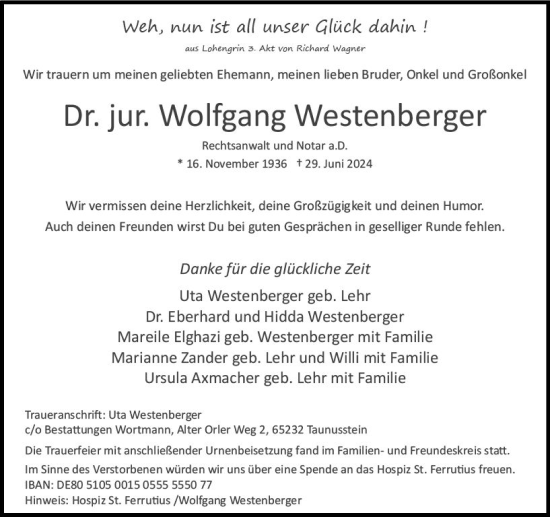 Traueranzeige von Wolfgang Westenberger von Wiesbadener Kurier