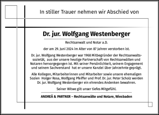 Traueranzeige von Wolfgang Westenberger von Wiesbadener Kurier