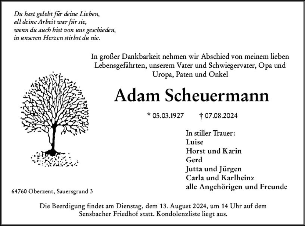  Traueranzeige für Adam Scheuermann vom 10.08.2024 aus Odenwälder Echo