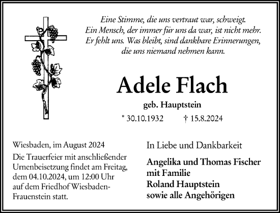 Traueranzeige von Adele Flach von Wiesbadener Kurier