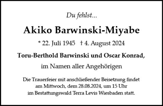 Traueranzeige von Akiko Barwinski-Miyabe von Wiesbadener Kurier