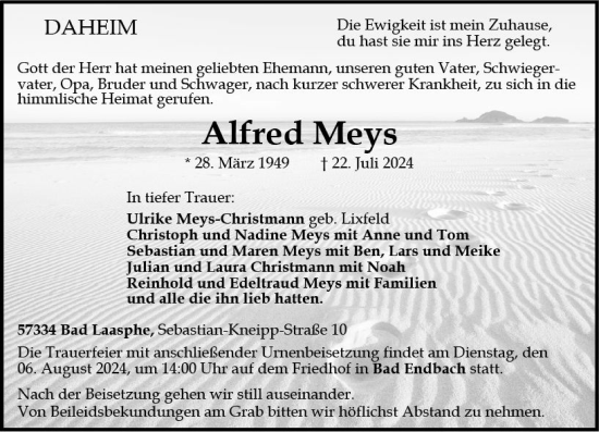 Traueranzeige von Alfred Meys von Hinterländer Anzeiger