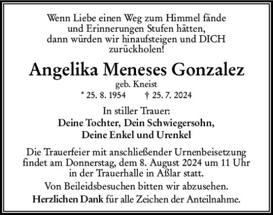 Traueranzeige von Angelika Meneses Gonzalez von Wetzlarer Neue Zeitung