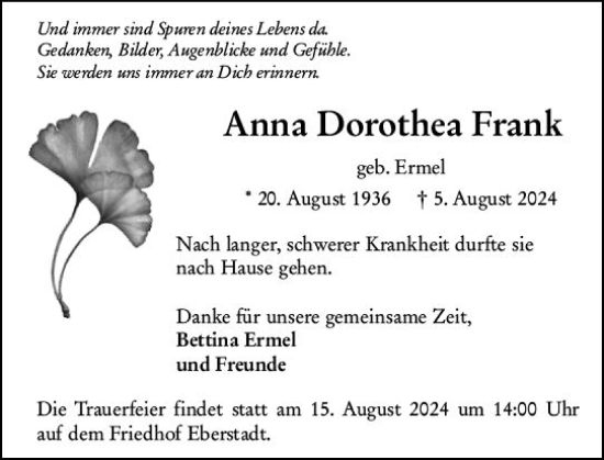 Traueranzeige von Anna Dorothea Frank von Darmstädter Echo